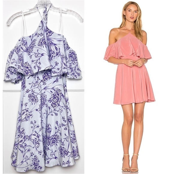 AMANDA UPRICHARD 70s Silk Floral Halter Neck Ruffled Off Shoulder Mini Dress XS - Picture 2 of 8